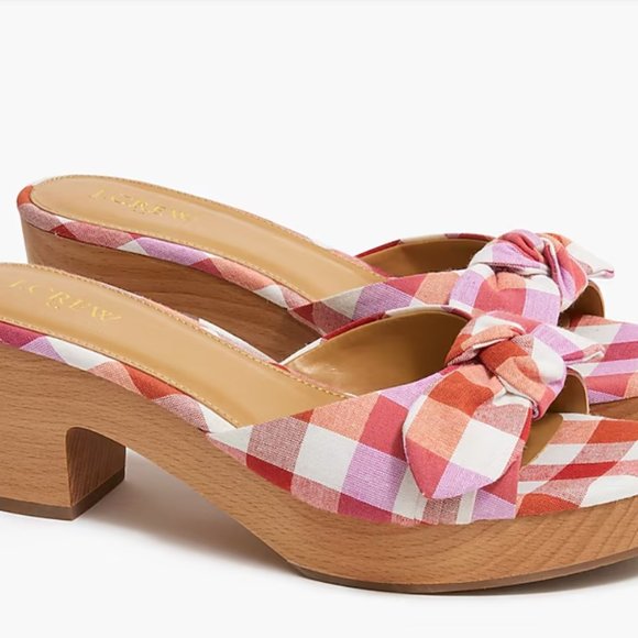 NIB J. CREW MADRAS PLAID WITH BOW PLATFORM MULE SANDALS SIZE 8 PREPPY CLASSIC - Picture 1 of 6